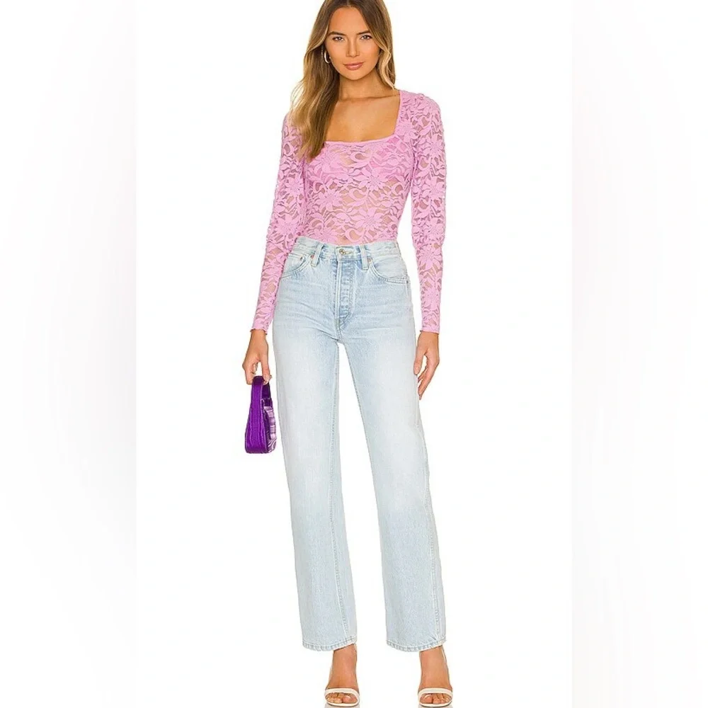 NWT Free People Lace Top Layering Long Sleeve Sheer Lace Top in Pink Size Medium